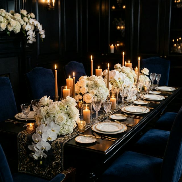 Elegant navy dinner reception with white florals and candlelight